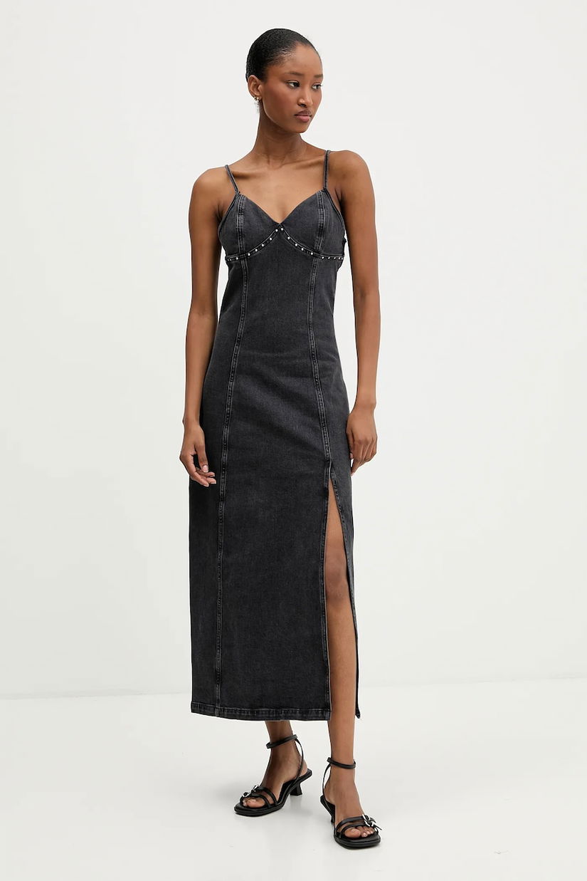 Tommy Jeans rochie din denim culoarea gri, maxi, evazati, DW0DW21634