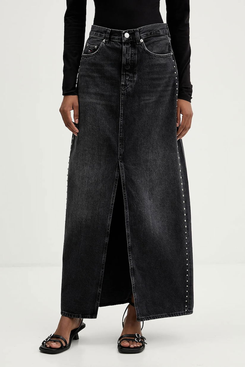 Tommy Jeans fustă din denim culoarea negru, maxi, drept, DW0DW21576