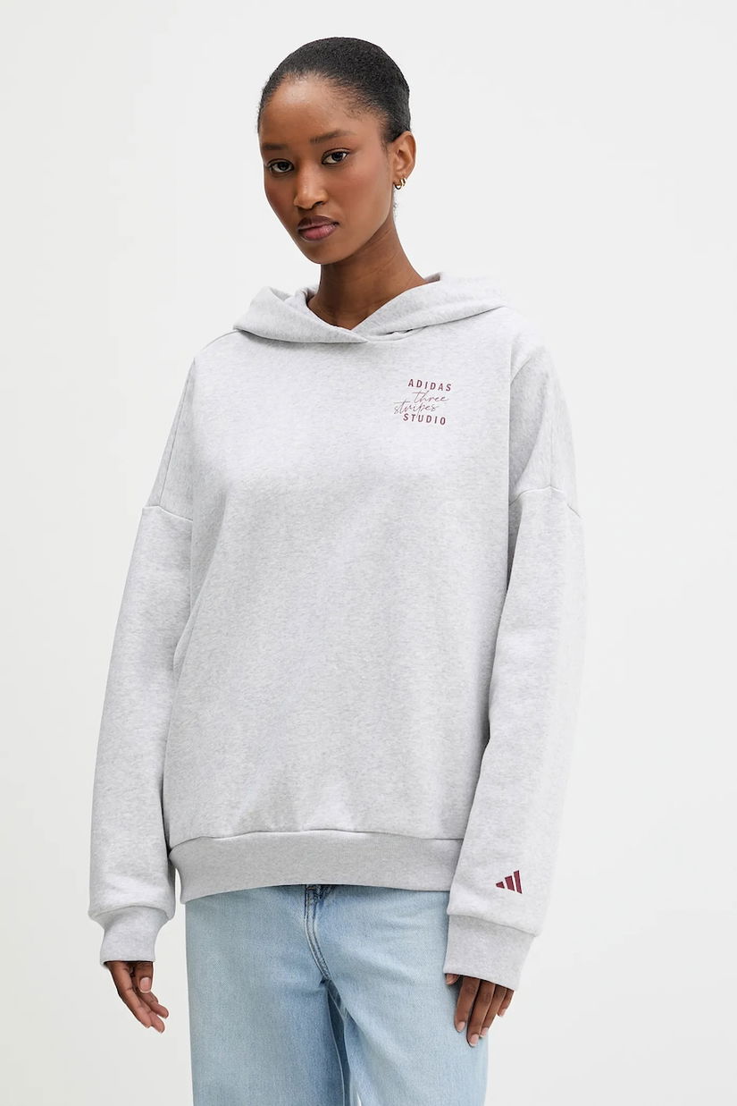 adidas bluză culoarea gri, cu glugă, cu imprimeu, KT0882