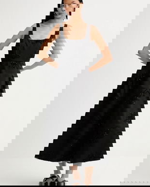 MUNTHE rochie din bumbac RONIA culoarea negru, midi, evazați, 254135025401