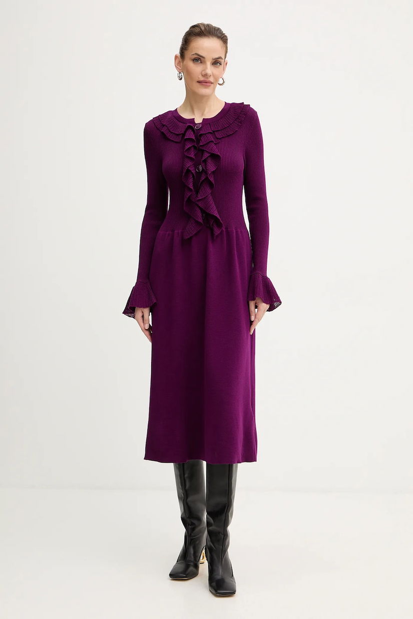 Luisa Spagnoli rochie din lână culoarea violet, midi, evazați, 100175