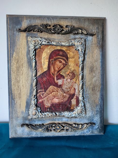 Icoană handmade pe lemn Fecioara Maria cu Pruncul