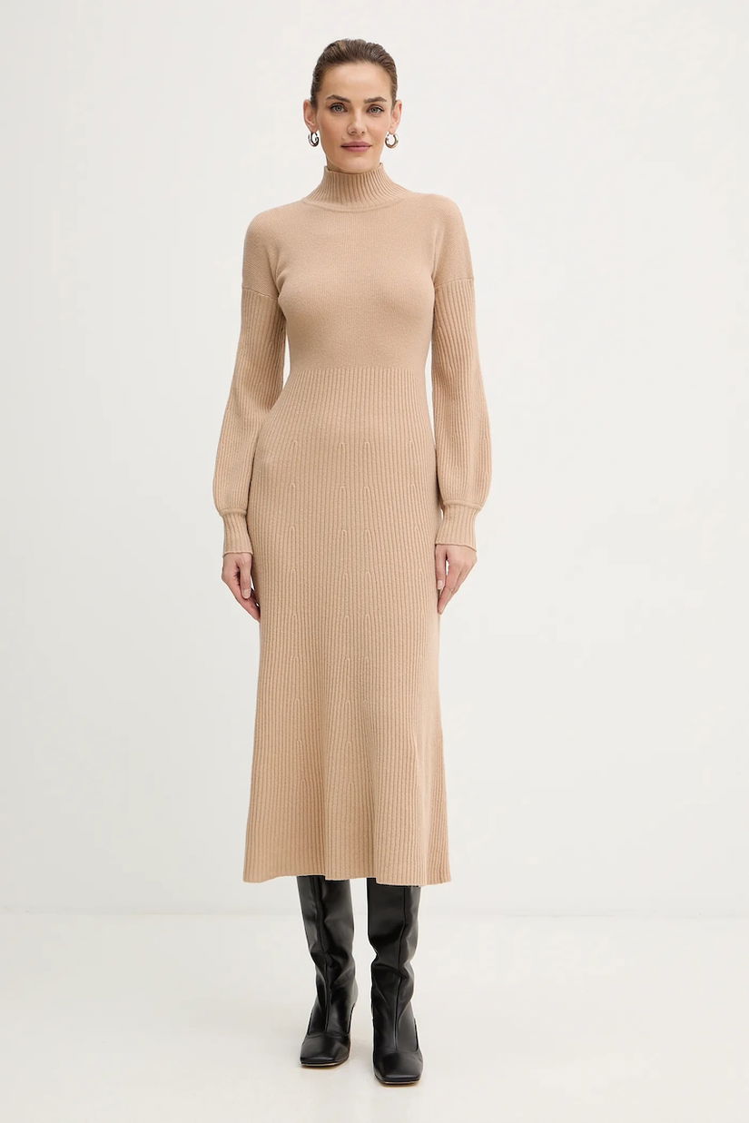 Luisa Spagnoli rochie din lână culoarea bej, maxi, mulată, 100209