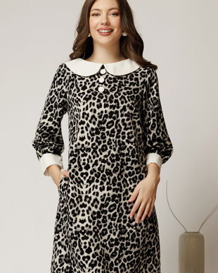 Rochie scurta gri din stofa cu imprimeu animal print si guler alb