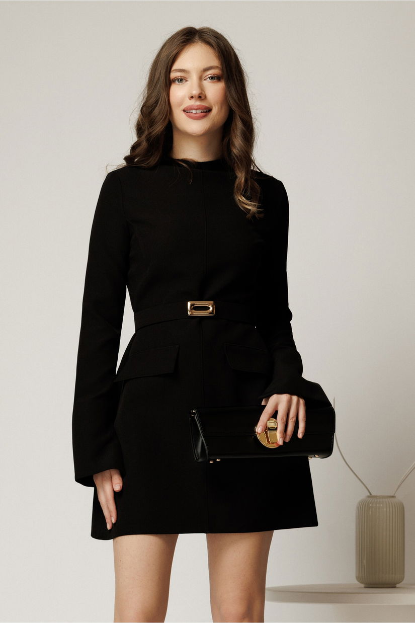 Rochie scurta neagra din stofa cu clapete tip buzunare si curea in talie