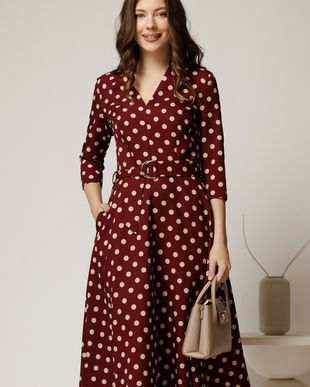 Rochie midi bordo cu buline din stofa cu cordon in talie