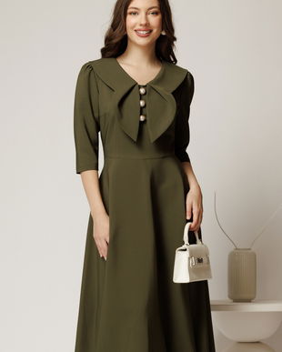 Rochie kaki clos de ocazie cu guler maxi si nasturi perluta