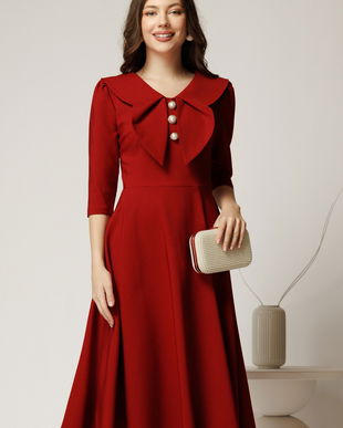 Rochie bordo clos de ocazie cu guler maxi si nasturi perluta