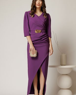 Rochie lunga mov de ocazie cu fronseuri si cordon cu catarama in talie