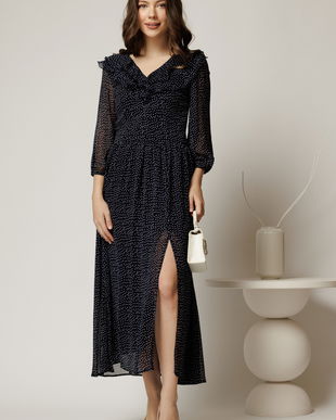 Rochie midi din voal bleumarin cu buline si volanase la decolteu