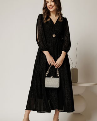 Rochie midi neagra de ocazie din voal cu sclipici