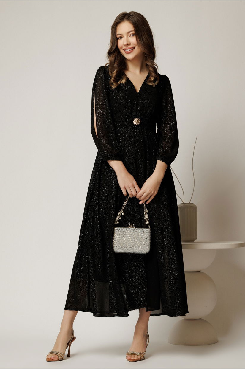Rochie midi neagra de ocazie din voal cu sclipici