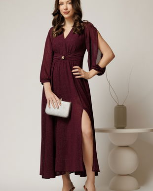 Rochie midi magenta de ocazie din voal cu sclipici