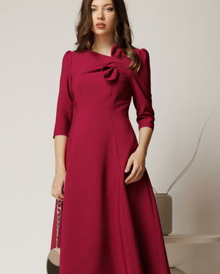 Rochie office din stofa magenta cu funda la bust