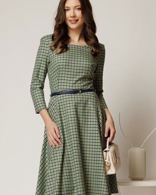 Rochie midi din stofa carou verde indiggo si curea in talie