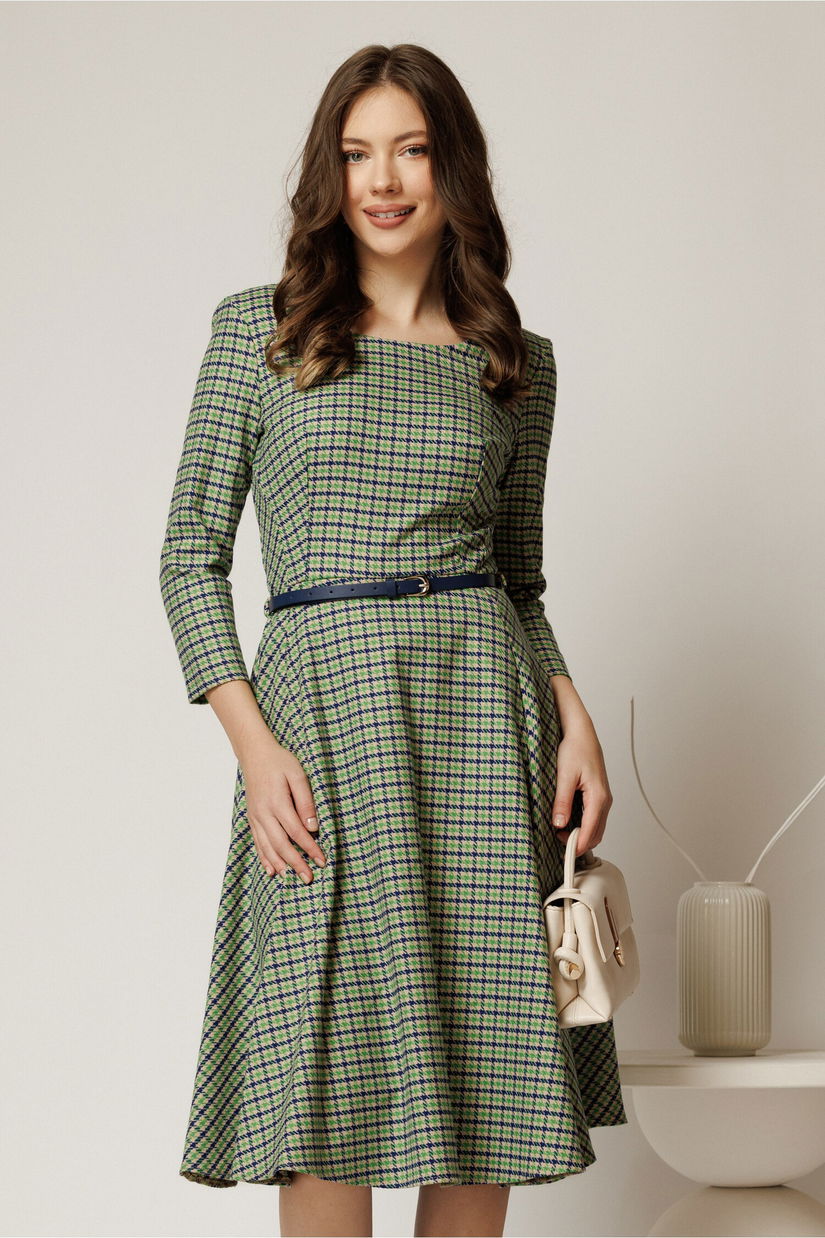 Rochie midi din stofa carou verde indiggo si curea in talie
