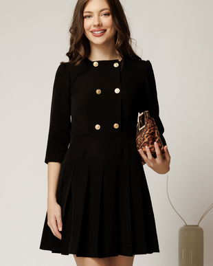 Rochie scurta neagra cu nasturi pe bust si pliuri pe fusta