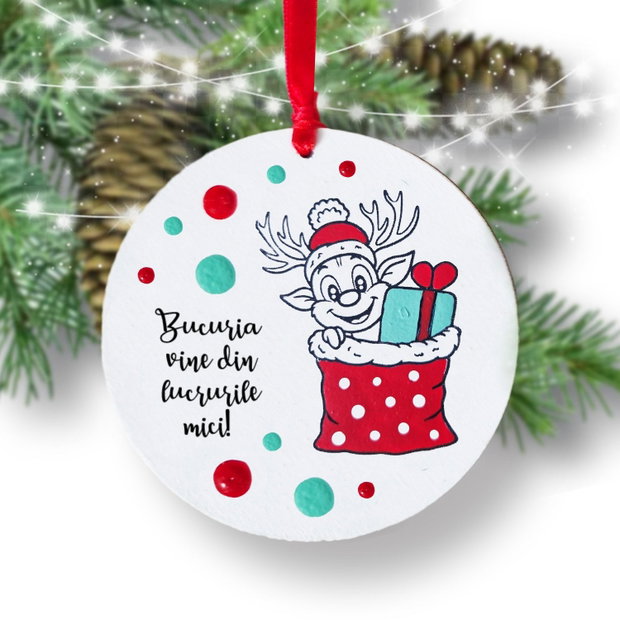 Decoratiune de pom Craciun glob pictat manual cu mesaj