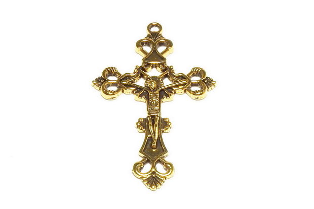 Pandantiv metalic, cruciulita, auriu antichizat, 43.5x26 mm