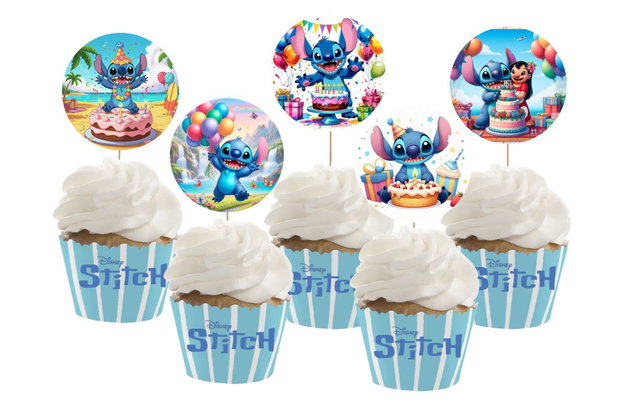 Toppere aniversare Stitch rotunde, din carton, pentru brioșe, cupcakes și decor petreceri copii