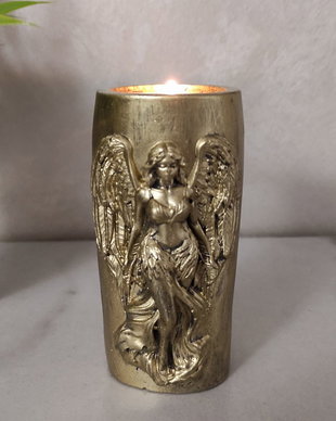Suport de lumânare din ipsos, cu înger sculptat  finisaj auriu, decor elegant
