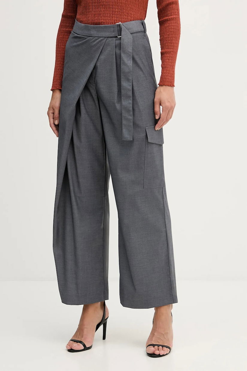 Sisley pantaloni culoarea gri, lat, high waist, 4K2KLF07K