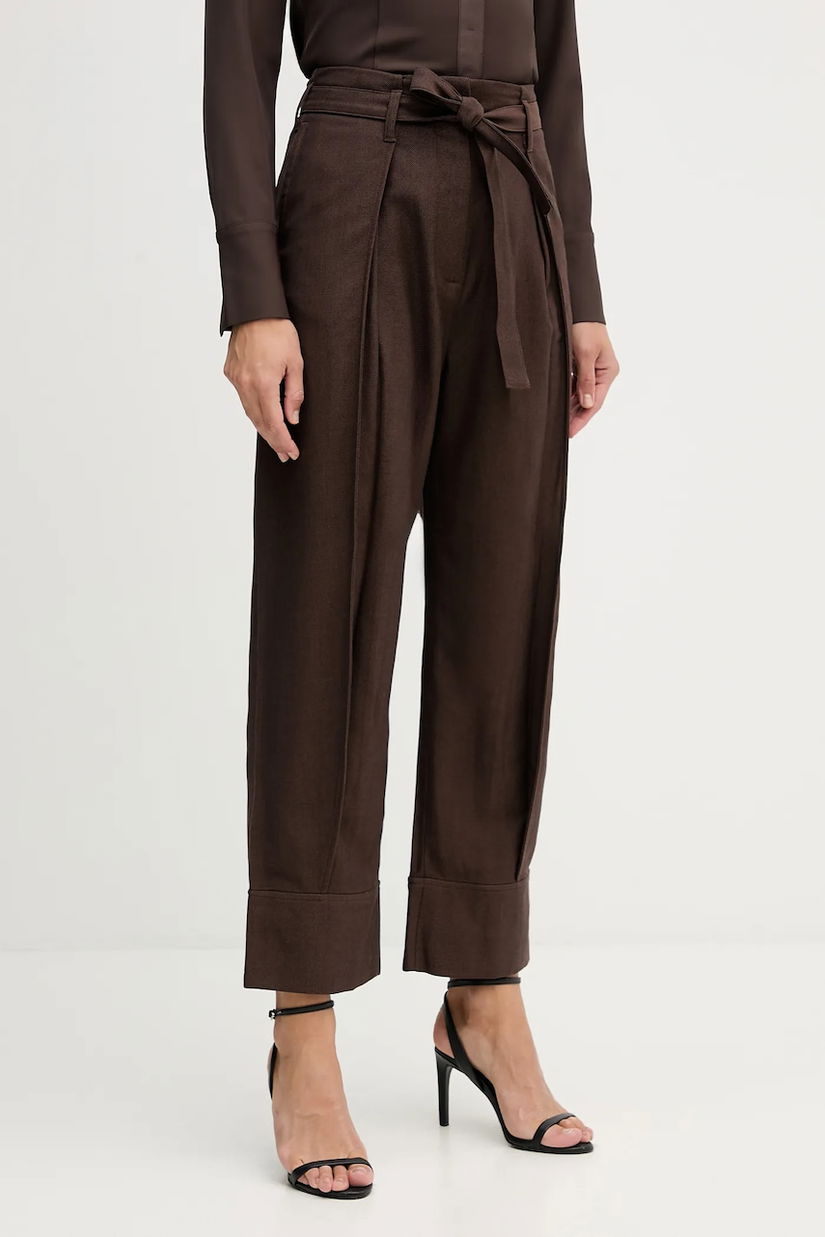 Sisley pantaloni culoarea maro, lat, high waist, 4ETSLF082