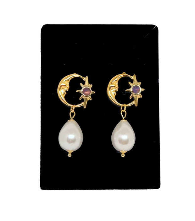 Cercei "Amethyst Moon" din perle mari Seashell, ametist si inox auriu