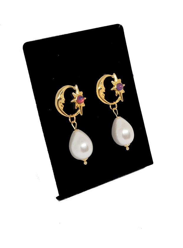 Cercei "Amethyst Moon" din perle mari Seashell, ametist si inox auriu