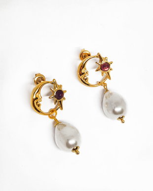 Cercei "Amethyst Moon" din perle mari Seashell, ametist si inox auriu
