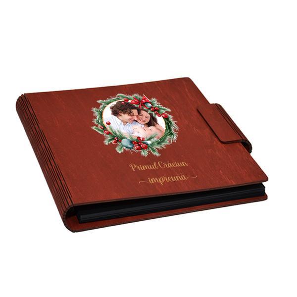 Album foto, coperta lemn, personalizat, Primul Craciun impreuna, Rosu, Piksel, 22x22 cm