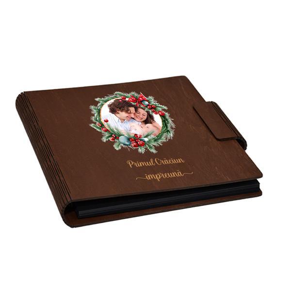 Album foto, coperta lemn, personalizat, Primul Craciun impreuna, Maro, Piksel, 22x22 cm