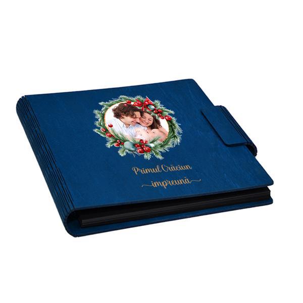 Album foto, coperta lemn, personalizat, Primul Craciun impreuna, Albastru, Piksel, 22x22 cm