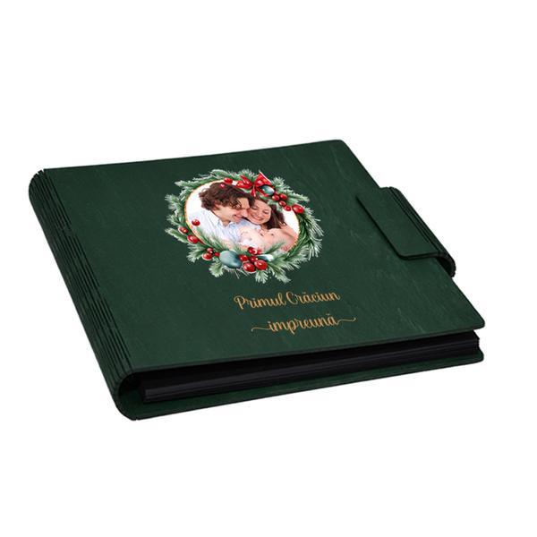 Album foto, coperta lemn, personalizat, Primul Craciun impreuna, Verde, Piksel, 22x22 cm