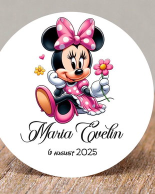 Etichete mărturii botez sau aniversare fetițe  Minnie Mouse roz
