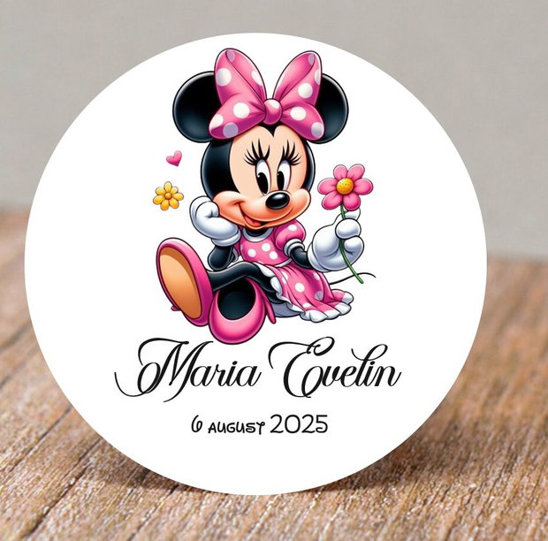 Etichete mărturii botez sau aniversare fetițe Minnie Mouse roz