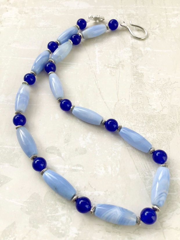 Colier calcedonie blue & jad albastru