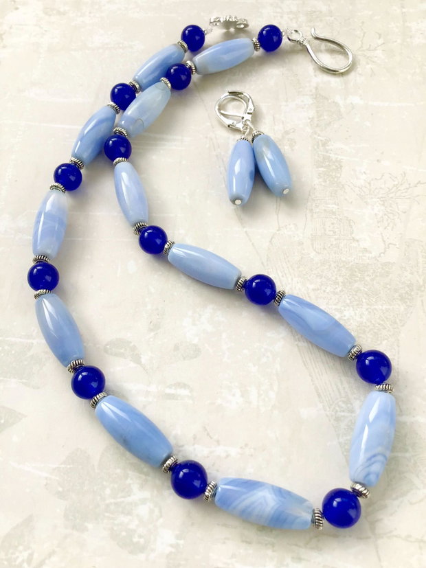 Colier calcedonie blue & jad albastru