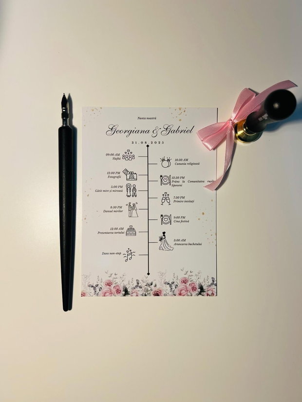 Programul zilei floral roz cu trandafiri și accente verzi design elegant