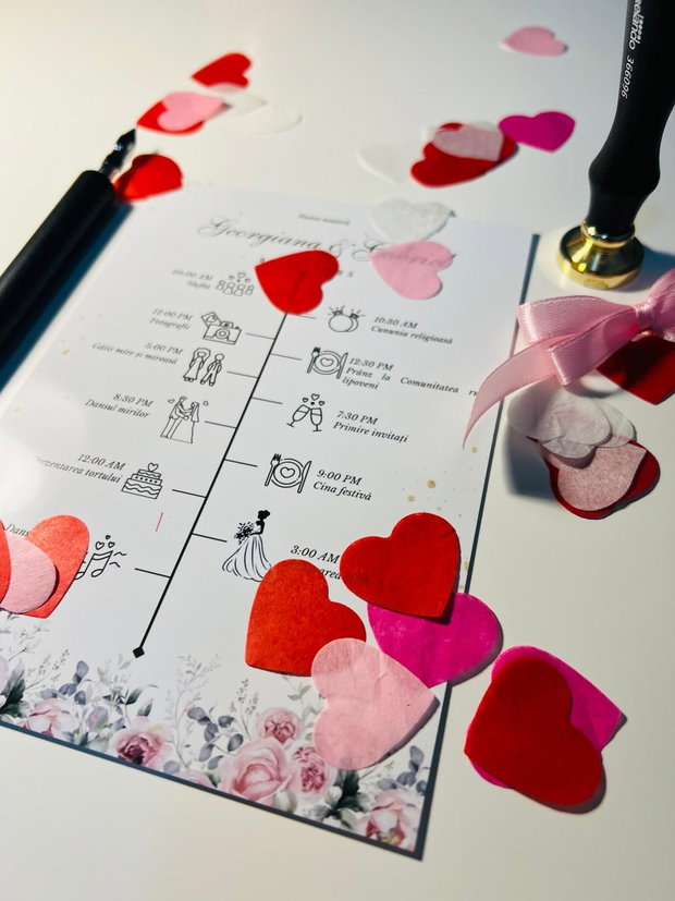 Programul zilei floral roz cu trandafiri și accente verzi design elegant