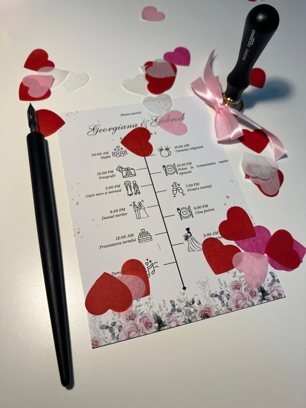 Programul zilei floral roz cu trandafiri și accente verzi design elegant