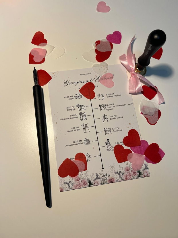 Programul zilei floral roz cu trandafiri și accente verzi design elegant