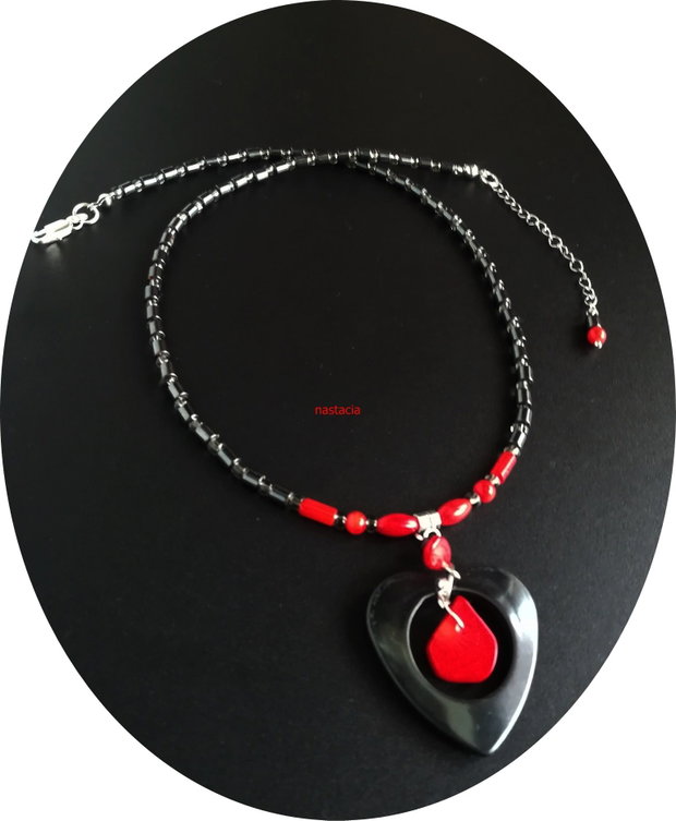 Colier argint 925 hematit si coral rosu