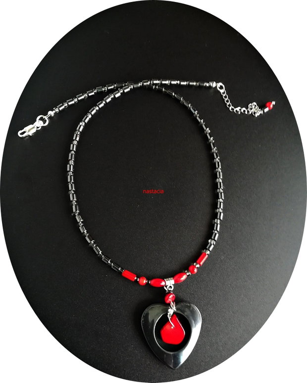 Colier argint 925 hematit si coral rosu