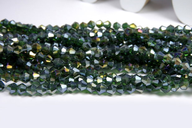 Cristale din sticla, biconice, 2 mm, transparente, AB, verde inchis