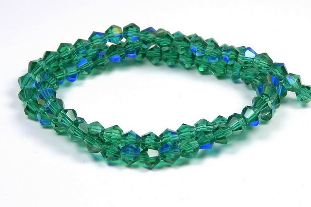 Cristale din sticla, biconice, transparente, AB, 2 mm, verde smarald