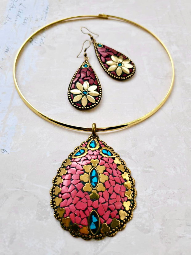 Set Nepalez coral rosu, turcoaz & alama gold