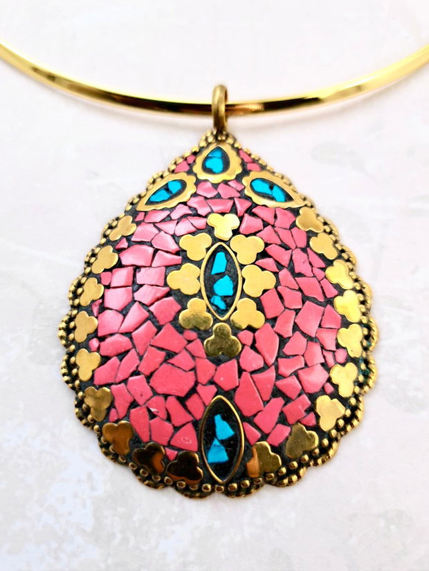 Set Nepalez coral rosu, turcoaz & alama gold