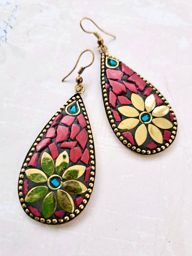 Set Nepalez coral rosu, turcoaz & alama gold