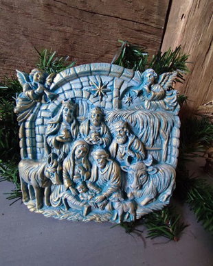 Plăcuță decorativă ceramică pictată  Scenă Nașterea Domnului, stil vintage de Crăciun